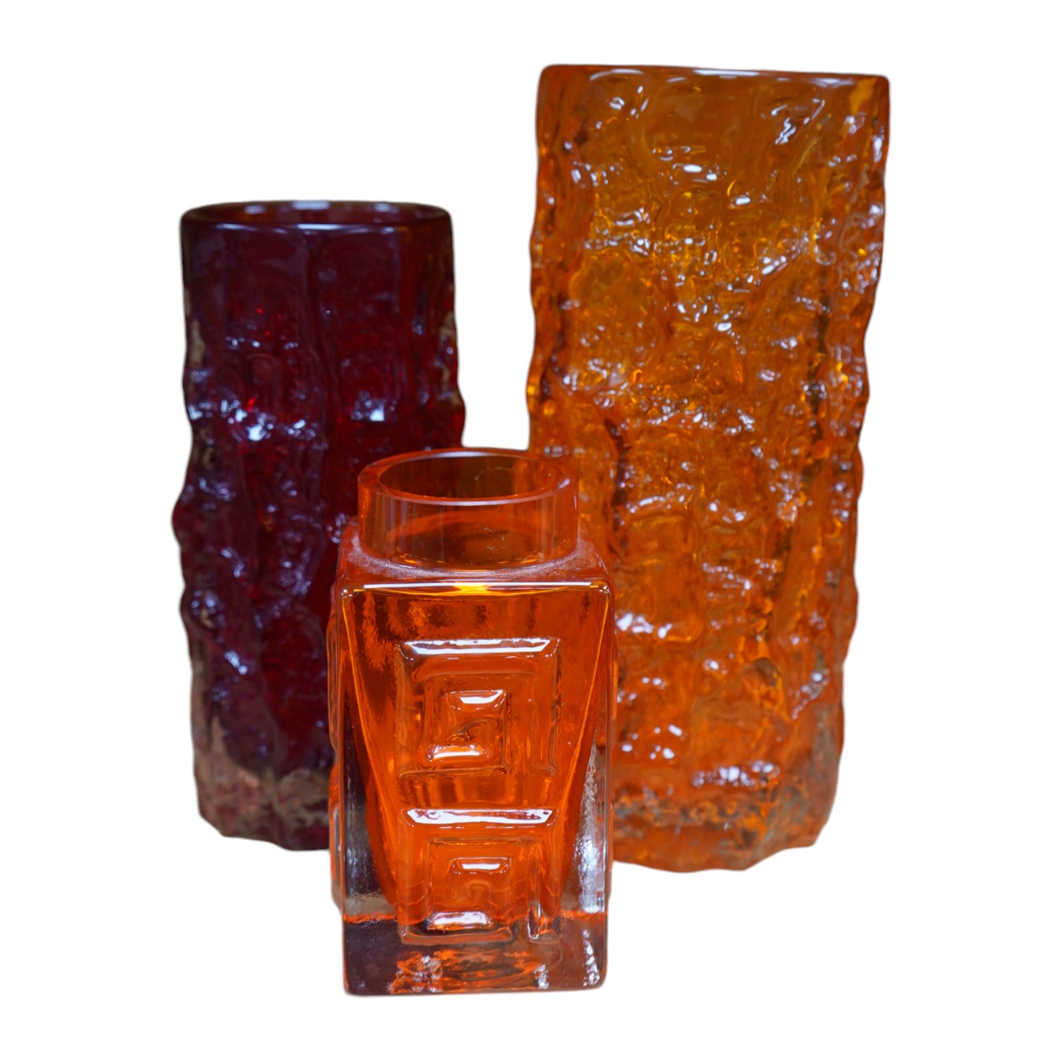 Three Whitefriars vases, two bark effect, Ruby Red and Tangerine, tallest 19cm high. Condition - good